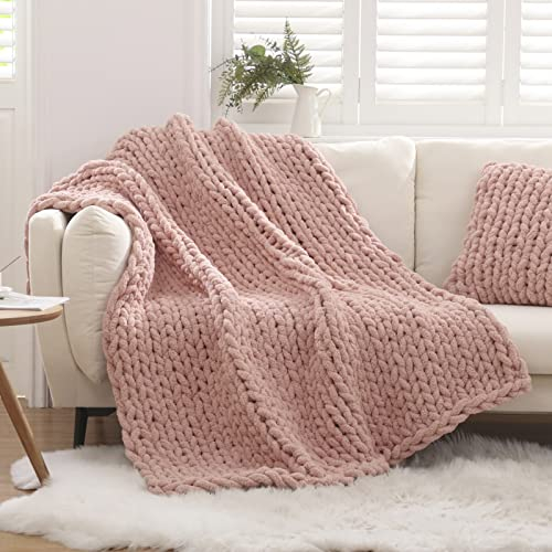 WESHIONGOO Grobstrickdecke, Überwurf, 127,7 x 152,4 cm, gestrickte Überwurfdecken für Couch, Bett, flauschig, weiche Decke mit Jumbo-Chenille-Garn, dick, 100 % handgefertigt, Rosa