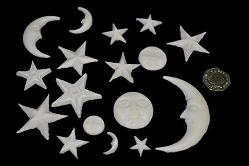 16 x edible 3D Moons and Stars, 20 colours, toppers, decorations cake (white)