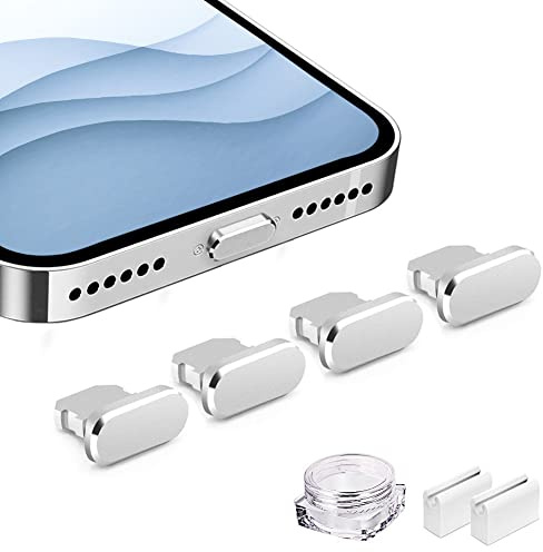 VIWIEU Anti-Staubstecker Metallabdeckungen Kompatibel mit iPhone 14 13 12 11 X XS XR 8 7 SE Mini Plus Pro Max iPad AirPods 4 Pack, Lightning Ladeanschluss Charm Staubschutz mit Steckerhalter (Silber)