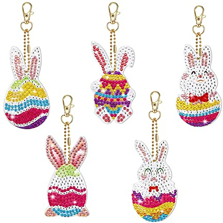 Bogoro 5 Stück Ostern Diamond Painting Anhänger, Hase Ostereier Diamond Painting Schlüsselanhänger, 5D Diamant Painting Ostern Anhänger Schlüsselanhänger, Osternhase Kinder Kunst Handwerk Geschenk