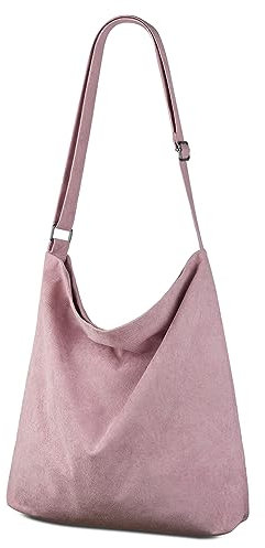 Kememo Crossbody Hobo Bag Corduroy Tote Bag with Zip, Large Capacity Shoulder Bag Handbags Shopping Bag for Women Girls Work School, Pink