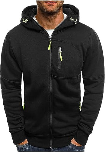 CAZOY Men Sport Coat Zip Hoodie Mens Long Sleeve Full Zipper Up Hooded Sweatshirt Pullover Jacket Sweater Jumper with Pocket for Running Workout Fitness Black UK Size 14