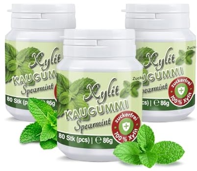Xylit Kaugummi | Tschüß Karies: 240 zuckerfreie Zahnpflegekaugummi mit 100% Xylit, ohne Aspartam, vegan | Spearmint (3er Pack)