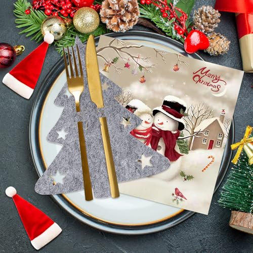 12Stück Besteckhalter Weihnachten Filz Tannenbaum Grau + 20Stück Weihnachten Servietten Schneemann Pärchen, Tischdeko Weihnachten, Weihnachtsbaum Bestecktaschen für Weihnachtstischdekoration Party