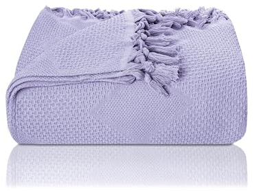 LAYNENBURG Premium Tagesdecke mit handgeknüpften Fransen - 100% Baumwolle - 200 x 220 cm - Waffelpique Sommerdecke - Baumwolldecke als Bett-Überwurf, Couch-Überwurf & Sofa-Decke (Lavendel)
