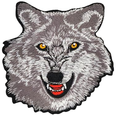 Wolf Kopf Grau Aufnäher zum aufbügeln oder aufnähen Bügelbild Aufbügler für Kleidung gestickter Bügelpatch Applikation Hund Patch Größe 9,0 x 8,5 cm