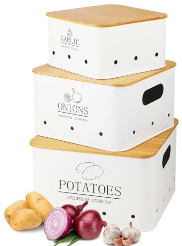 Otauoaea Boite Pomme de Terre, Oignon et Ail, Lot de 3 Rangement Pomme de Terre, Boite Oignon, Boite Ail, Conservation Pomme de Terre avec Couvercle en Bambou, Boite Rangement Cuisine, Blanc