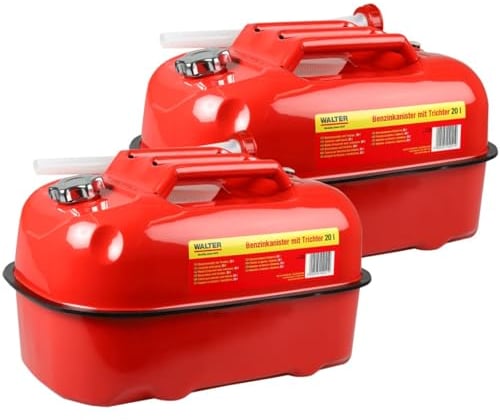 WALTER 2x 20 L Horizontaler Benzinkanister mit Trichter 2-Set, Bootskanister, Kraftstoff-Kanister, Benzintank, Container Store für Heizöl Benzin Diesel