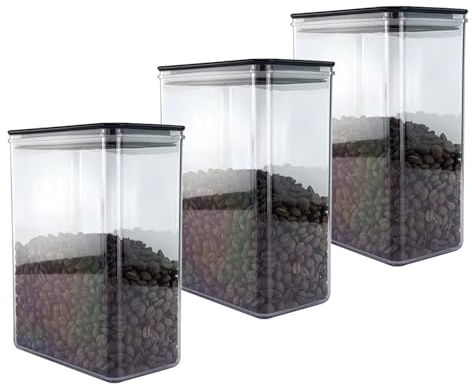 NAVACALA Storage Containers Set of 3, Plastic Airtight Food Storage Containers with Lids, Storage Jars for Storing Pasta, Rice, Rlour,Cereal Dispenser Kitchen Organiser Black(1250ml *3)