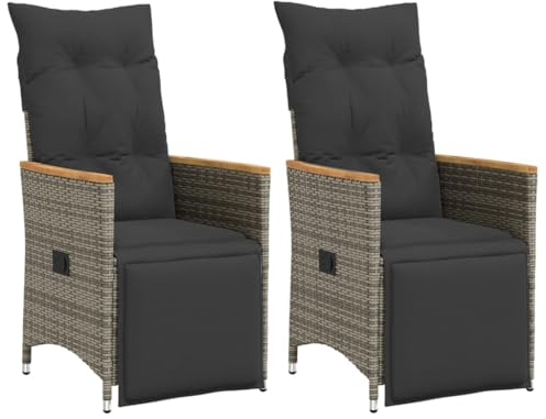 vidaXL Gartensessel mit Kissen 2 STK., Verstellbar Gartenstuhl mit Stahlrahmen, Loungesessel für Außenbereich, Relaxsessel Sthulset, Grau Poly Rattan