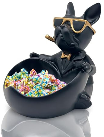 French Bulldog Candy Bowl Decor, Heart-Shaped Key Holder Bowl Candy Dish with Tray, Bulldog Accessories, Resin BulldogStatue for Office Desk Home Decor Figurines Entryway Table Decor (Love,Black)