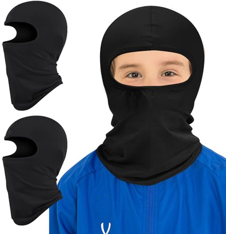 2er-Pack Kinder-Balaclava-Gesichtsmaske, dünner Helmfutter-Gesichts- und Nackenschutz-Maske für Jungen Mädchen Leichte Halsgamasche Skifahren Radfahren Angeln, schwarz/schwarz, Einheitsgröße