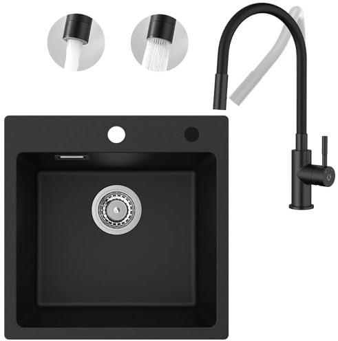 CECIPA Granitspüle mit Flexibler Mischbatterie, Küchenarmatur mit 2 Wasserstrahlarten, Einbauspüle Quadratisch, Küchenspüle aus Granit 45x45cm, Spülbecken Schwarz