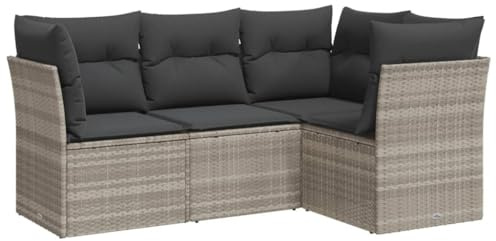 vidaXL Garten Sofagarnitur mit Kissen 4-TLG., Gartenmöbel Gartengarnitur, Sitzgruppe Sitzgarnitur, Lounge Sofa Garnitur Terrasse, Hellgrau Poly Rattan