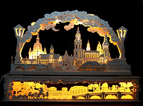 3D LED Schwibbogen Stadtansicht Dresden inklusive Sockel Elbwiesen mit Augustusbrücke - 80x55cm - Feine Handarbeit aus dem Erzgebirge