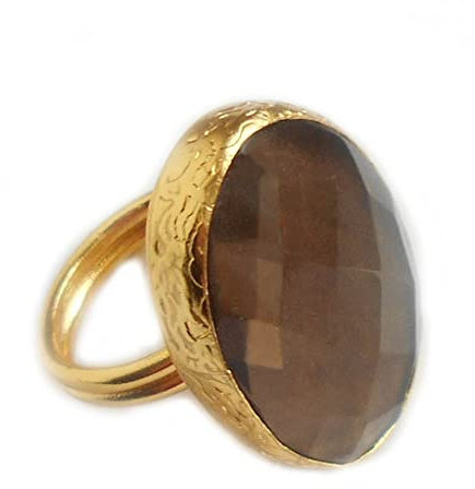 The craftshop vienna Ring Rauchquarz smoky quartz groß oval va. 3 cm lang + 2,2 cm breit Messing vergoldet 55-58 max. 59 variabel plus Geschenkbeutel + Geschenkbox