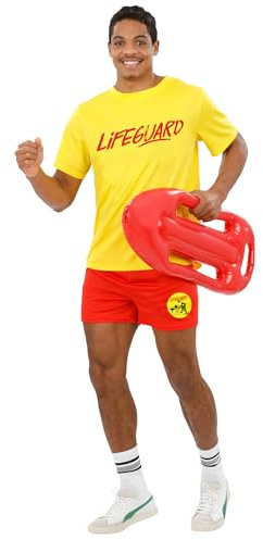 Smiffys Men's Lifeguard Costume – Fancy Dress Outfit with Yellow T-Shirt & Red Shorts – 90s Beach Party & TV Theme