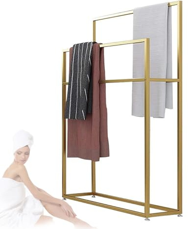 Toallero de Pie Baño Alto, Porta Toallas Baño Sin Taladro Dorado, Soporte para Toallas de Metal 2 Niveles Escalera toallero para área de Piscina, lavadero, baño, Cocina (Gold, 85x20x110 cm)