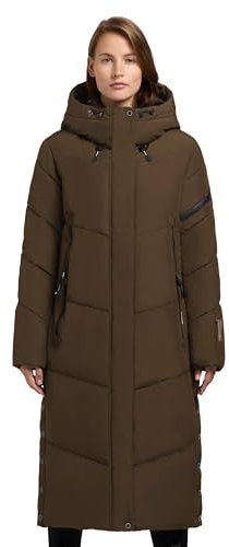 khujo Damen Wintermantel Warmer Steppmantel extra lang mit zahlreichen Taschen und großer Kapuze Sonje6-YM Old Green Gr. L
