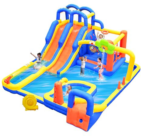WELLFUNTIME - 3 Slide Inflatable Park with Blower, Inflatable Bounce House with Climbing Wall, Water Cannon, Dartboard, Flower Sprayer and Deep Pool