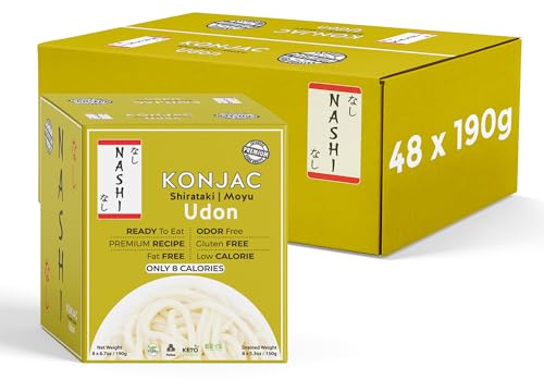 Nashi Shirataki Konjac Udon Noodles 190g (Pack of 48), Odour-Free, Low Calorie (Only 8 Cal) Konjac Noodles | Vegan, Keto & Gluten Free Udon, High Fibre, Low Carb Noodle Alternative