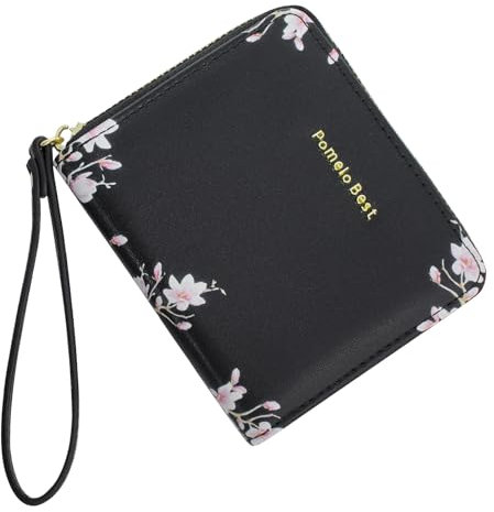 Pomelo Best Portefeuille Femme Court Mini Portemonnaie Élégant RFID Bloquant avec Compartiment Pièces Petit Format Fleuri en Cuir PU – Idéal Cadeaux pour Femme Fille (Noir)