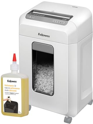 Fellowes Aktenvernichter 12Ms, 12 Blatt Minicut (P4), Papierschredder für Büro, Homeoffice, Schredder mit SafeSense + Fellowes Aktenvernichter-Öl, Inhalt: 355 ml, zur Pflege von Partikelschnitt