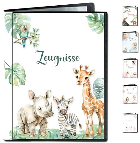 Minilino Zeugnismappe 20 Premium Klarsichthüllen A4 [SCHUTZ UND AUFBEWAHRUNG VON ZEUGNISSEN] Dokumentenmappe für Unterlagen in der Grundschule | Ordner für Zeugnisse (Dschungel)