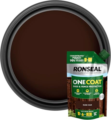 Ronseal One Coat Shed & Fence Paint Refill Pouch – 950ml – Dark Oak – Mix with 4L Water to Make 5L – Same Formula as Ready-Mixed – Weatherproof Wood Paint for Fences & Sheds