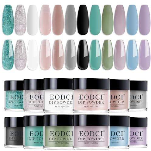 Eodci Nail Dip Powder Set, 12 Colors Glitter Silver Grey Green Purple Nail Art Starter Manicure Salon DIY at Home, 12 Bottle Dipping Powder Black White Nude No Needed Nail Lamp Cured