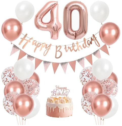 40th Birthday Decorations, 40th Birthday Banner, Pink Balloons, Rose Gold Set with Number 40 Foil Balloon, Latex Balloons, Cake Topper, Banner, Triangle Flags and Ribbon for Party Decorations VGRDTW