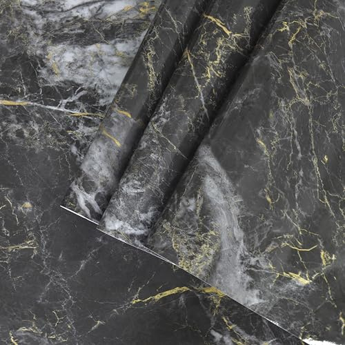 TOTIO 40 x 300 cm Film adhésif marbré autocollant brillant noir doré brillant pour cuisine, plan de travail, meubles, salon, papier peint, armoire, film pour meubles, cuisine