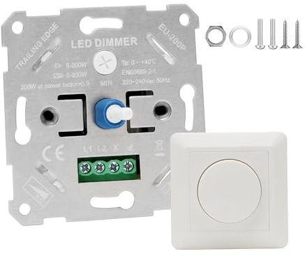 Dimmer Schalter LED 230V Dimmschalter mit Drehknopf, Universeller Dimmer für Dimmbare LED-Lampen 5-200W, Unterputz Lichtschalter Dimmbar Drehdimmer Weiß