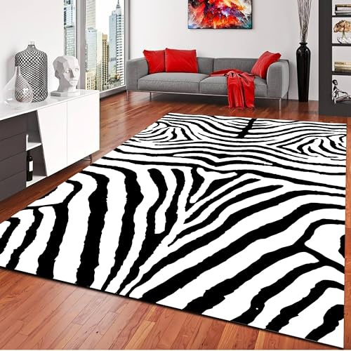 Tier Teppich, 180 x 300 cm, Modernes Schwarz-Weißes Zebra-Design, Waschbare Teppiche, Dekorative Wildtier-Teppiche und -Matten, Weicher, Rutschfester, Fusselfreier Teppich für Wohnzimmer, Schlafzimmer