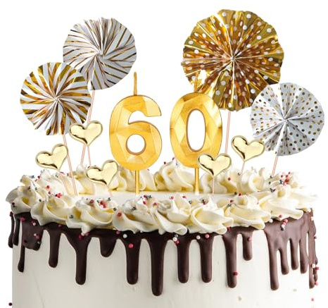 Geburtstagskerzen Zahlen 60 mit 9 Tortendeko, Birthday Candles Cake Topper | 3D Gold Glitzer Kerzen 60. Geburtstag Kuchendeko für Geburtstag, Hochzeit, Jubiläum