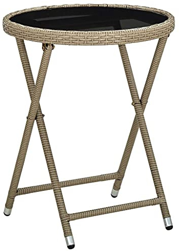 IBUQDDV Klappbarer Beistelltisch aus PE-Rattan mit gehärteter Glasplatte, 60 cm, Beige – Wetterbeständiger Gartentisch für Terrasse, Balkon und Garten, Stahlrahmen, faltbar,