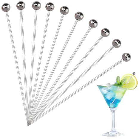 10PCS Stainless Steel Cocktail Picks, 10.8cm Reusable Ball Top Cocktail Sticks, Metal Drinks Olive Skewers for Cocktail Garnish, Drinks, Fruit and Appetisers