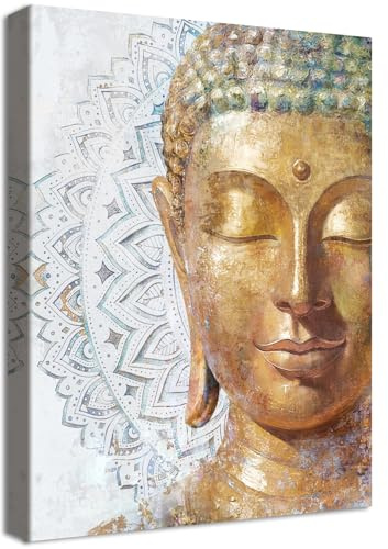 Mandala Gold Buddha Leinwand Bilder Mit Rahmen 3D Mandala Blüten Buddha Bild Buddhistische Verehrung Zen Wandbilder Leinwand Malerei Wohnzimmer Schlafzimmer Yoga Meditationsraum Wanddekor 40x60cm