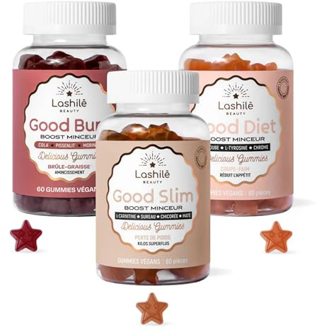 Lashilé Beauty Pack Trio Good Slim Burn & Diet Minceur Complète | Complément alimentaire minceur - Gummies L-carnitine, cola, caroube - Jusqu'à -3,3 cm de tour de taille - 180 gummies
