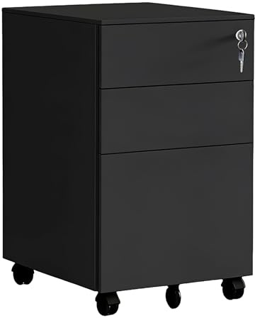 Relaxdays Rollcontainer, 3 Schubladen, HxBxT: 60 x 39 x 52 cm, schwarz | abschließbar, Aktenschrank auf Rollen, Metall
