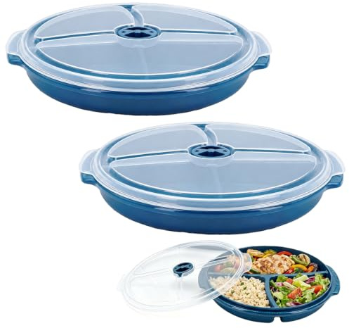QSTZON 2 Pcs Platos para microondas con tapa | Platos para microondas con 3 separadores, bento box para recalentar comidas y mantenerlas separadas