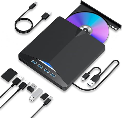 Lecteur CD DVD externe 7 en 1, USB 3.0 type A et C, graveur de CD/DVD RW ROM portable avec SD TF et 4 ports USB, jeux, musique, lecteur DVD optique fin pour ordinateur portable, MacBook Pro, Air, PC