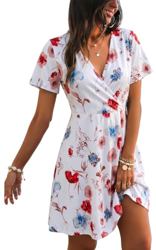 Cuptacc Robe Femme Chic et Elegant Courte Robes Portefeuille Col V A‑Line | Coupe A,Ajusté,Doux,Décontracté,Elegant,Facile À Associer,Court,Col Cache-Cœur