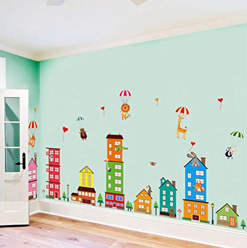 HorBous Wandaufkleber Straße Heißluftballon Tiere Fuchs Eule Löwe Giraffe Wandsticker Wanddeko für Wohnzimmer Schlafzimmer Kinderzimmer