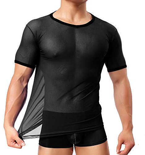 sandbank Men's Sexy Underwear T-Shirt Long Sleeve Mesh Sheer Top Undershirt Nightwear (XL, Black # Short Sleeve)