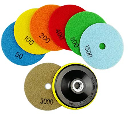 SHDIATOOL Diamante Almohadilla de Pulido 7 Piezas Grano Mixta y un Respaldo de Plastico para Pulir en Seco Mármol Granito Piedra Cerámica Dia 100mm/4 Pulgadas