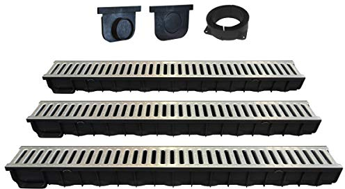 Jardibric - Kit de 3 Caniveaux de 1m avec Grilles et Accessoires - Drainage Extérieur Résistant - Classe A15, Installation Facile
