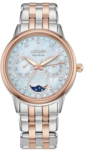 Citizen Women's Eco-Drive Calendrier, Moon Phase Diamond Accents Dial, Pink Gold-Tone Stainless Case and Bracelet Watch (Model: FD0006-56D)