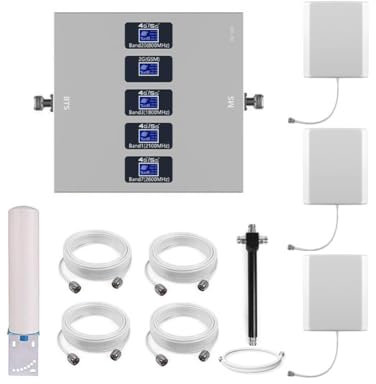 KKBSTR Amplificador 4G 5G Repetidor Señal Movil, 5 Bandas 800/900/1800/2100/2600MHz, Tres Antenas Interiores