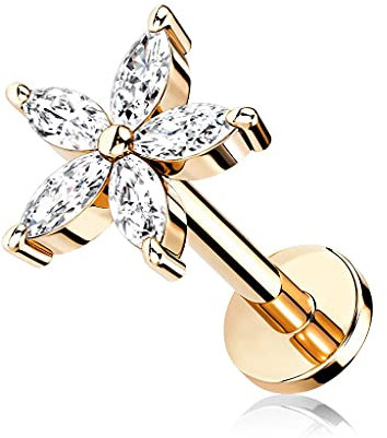 beyoutifulthings 1 Knorpel Ohr-Stecker Zirkonia Blume 8 mm Länge Roségold Clear Cartilage Labret Piercing-s Tragus Edelstahl Schraub-Verschluss